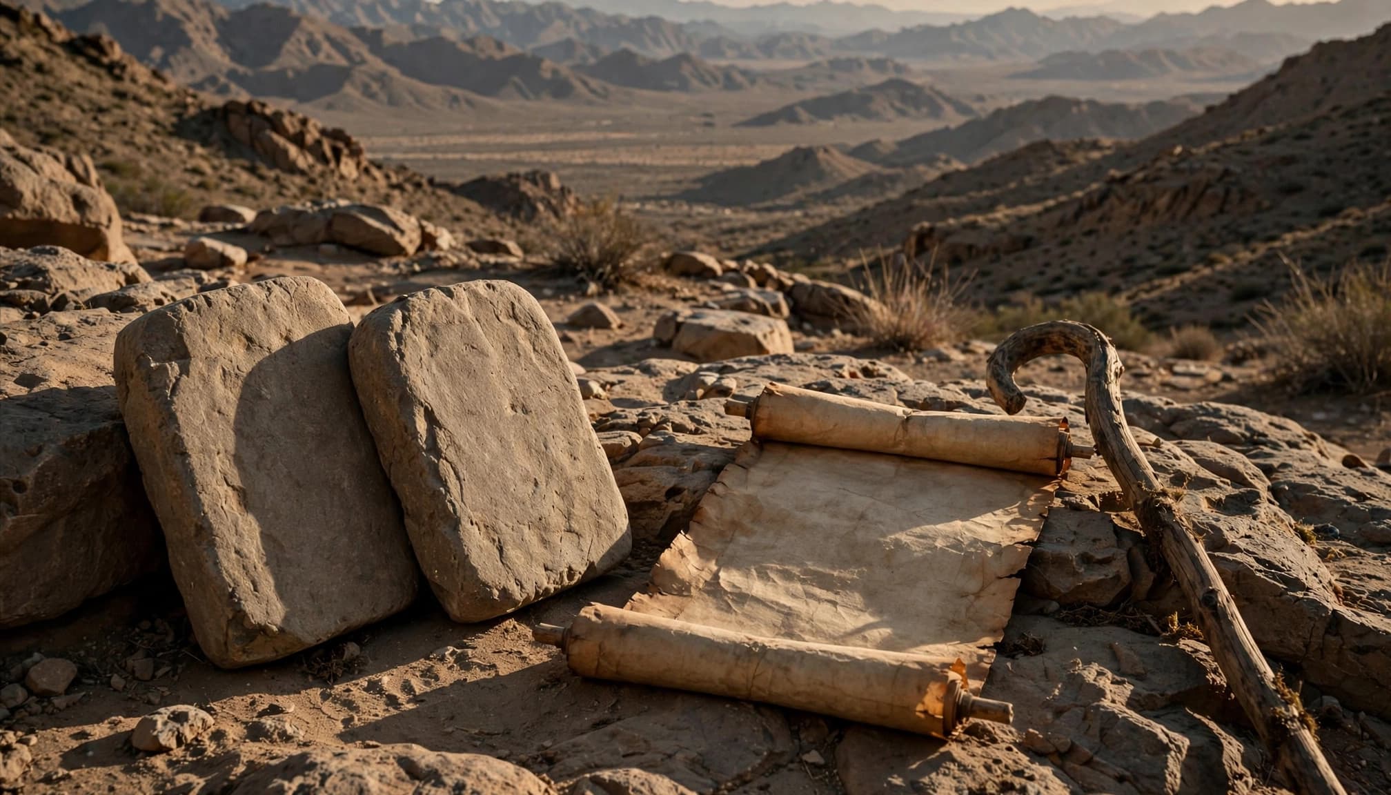 Stone tablets, an open scroll, and a staff overlook a desert valley.