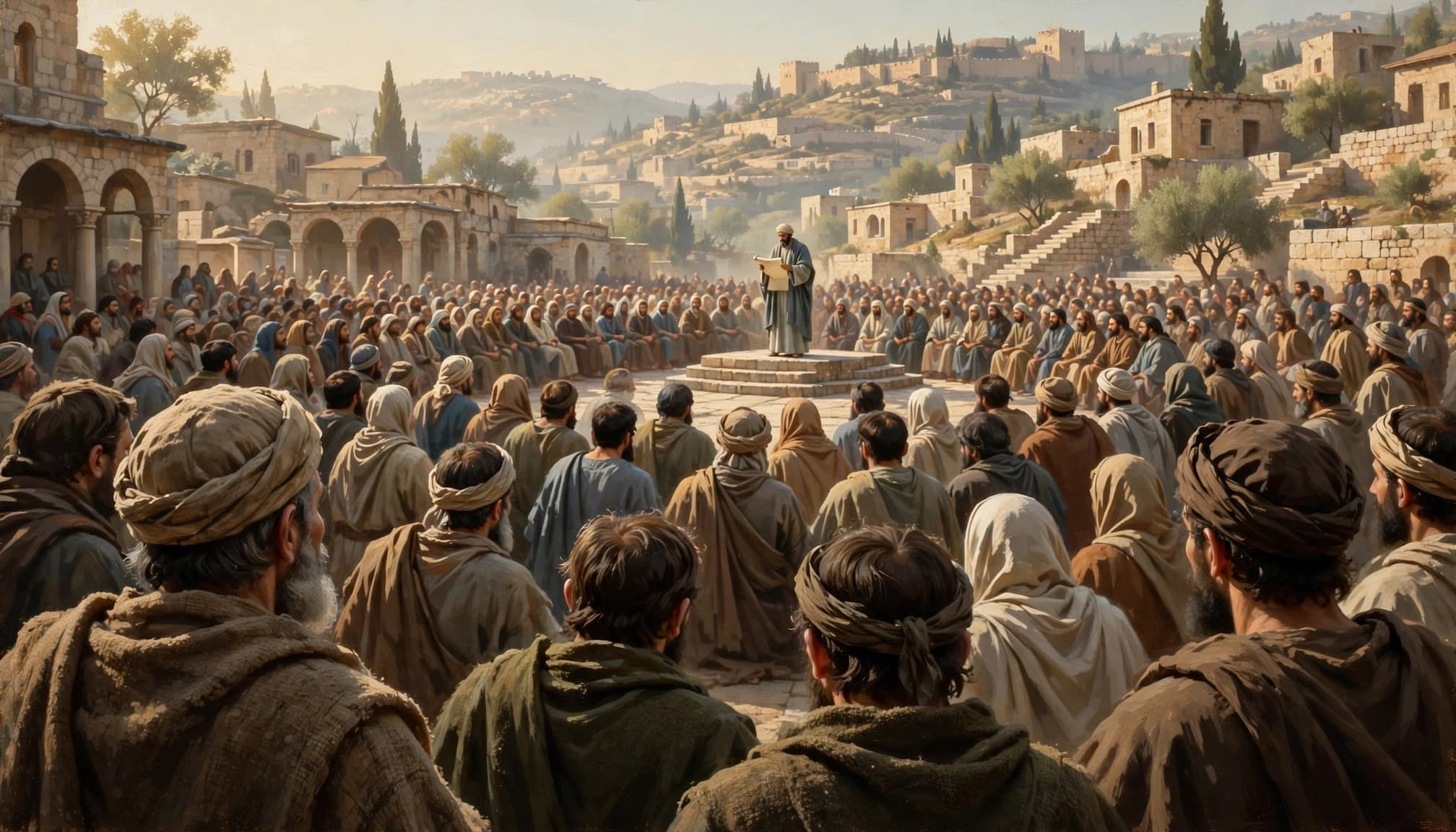 A central figure reads a scroll before a large crowd gathered in an ancient stone public square.