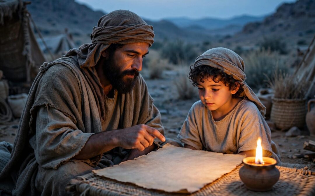 An Israelite father teaches a child beside blank parchment at a desert camp.