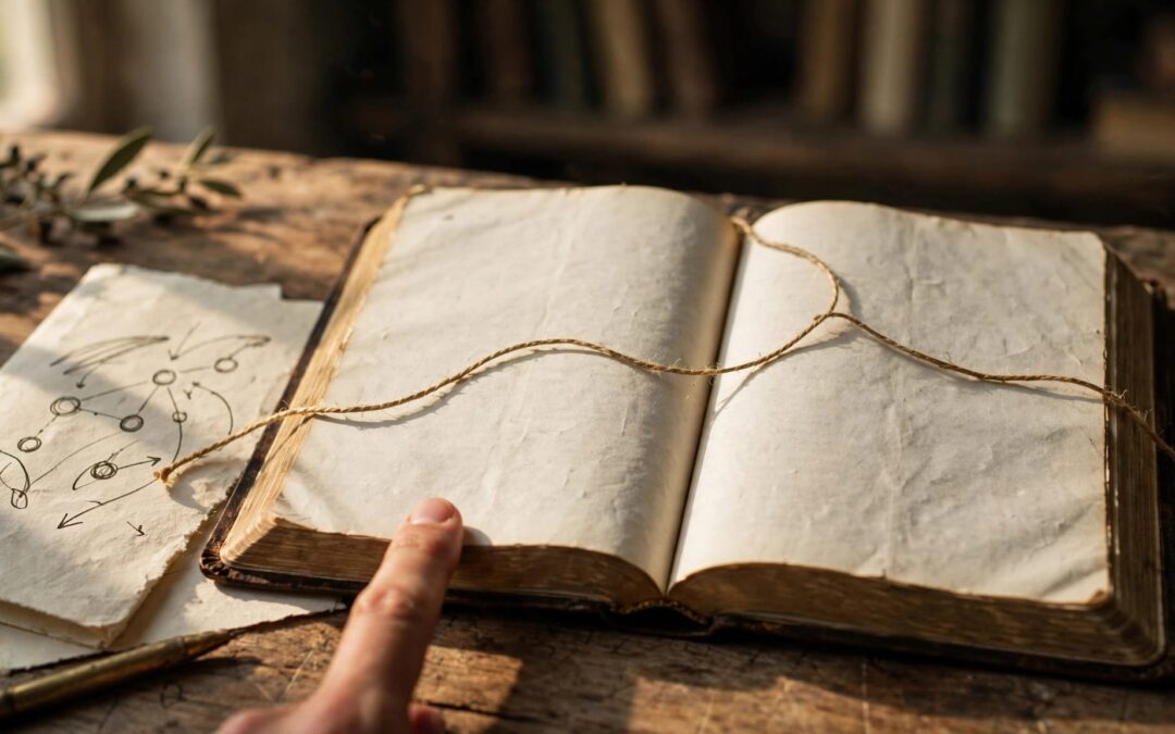A finger and thread mark passages in an open Bible beside study notes.