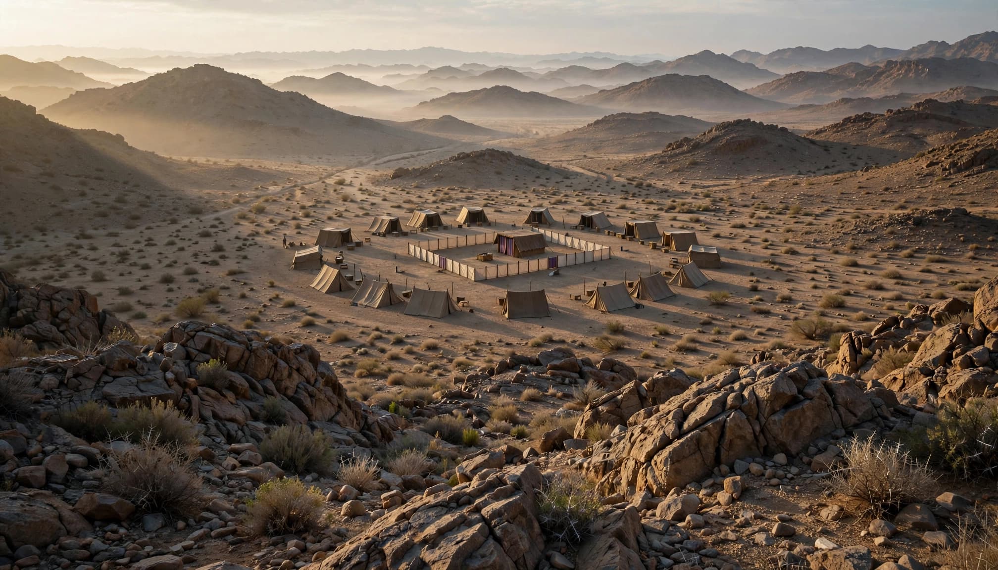 An orderly tent camp surrounds a tabernacle in a dry valley at dawn.