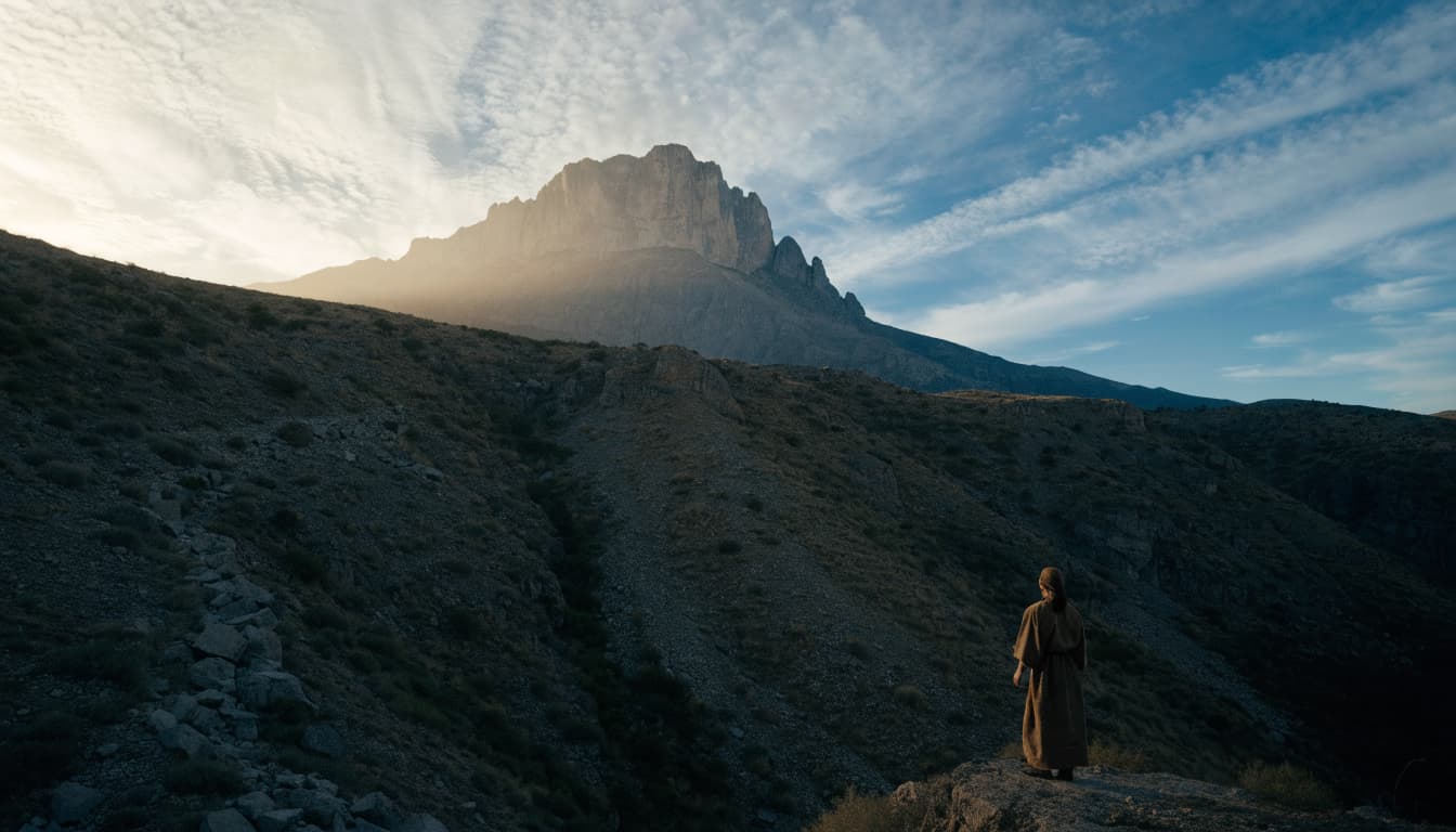 A person standing on a rocky outcrop looks up at a massive mountain under a cloudy sky.