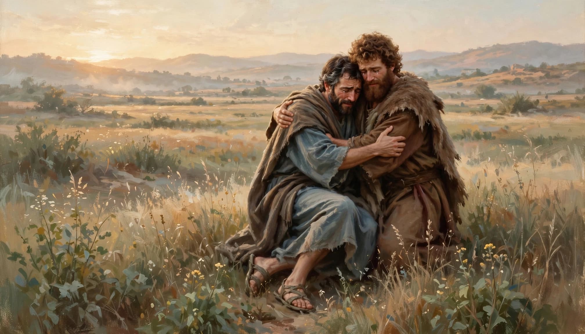 Two bearded men embrace in a tearful hug in an open grassy field during sunrise.