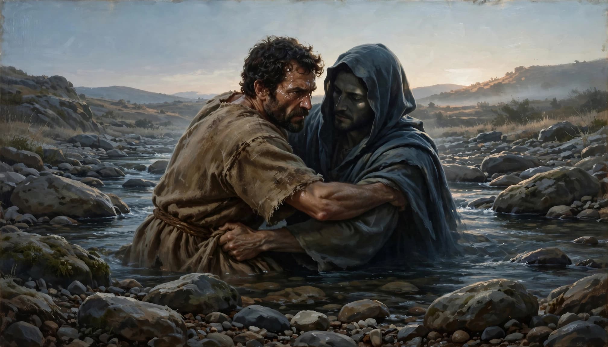 Two men struggle in a rocky riverbed at dawn, one gripping the other's garments.