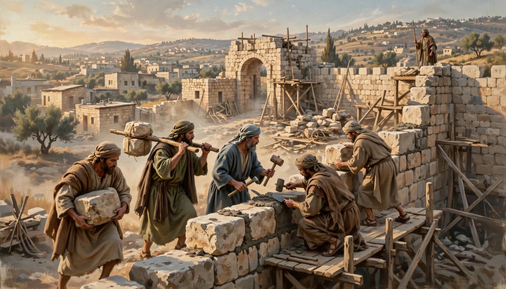 An illustrated scene of workers repairing an ancient stone wall, with a watchman standing guard.