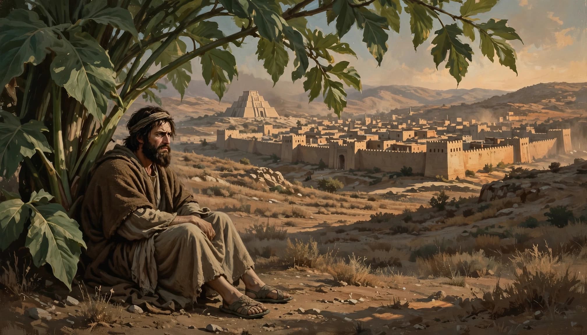 A bearded man sits under a leafy plant on a hillside, looking toward a walled ancient city.