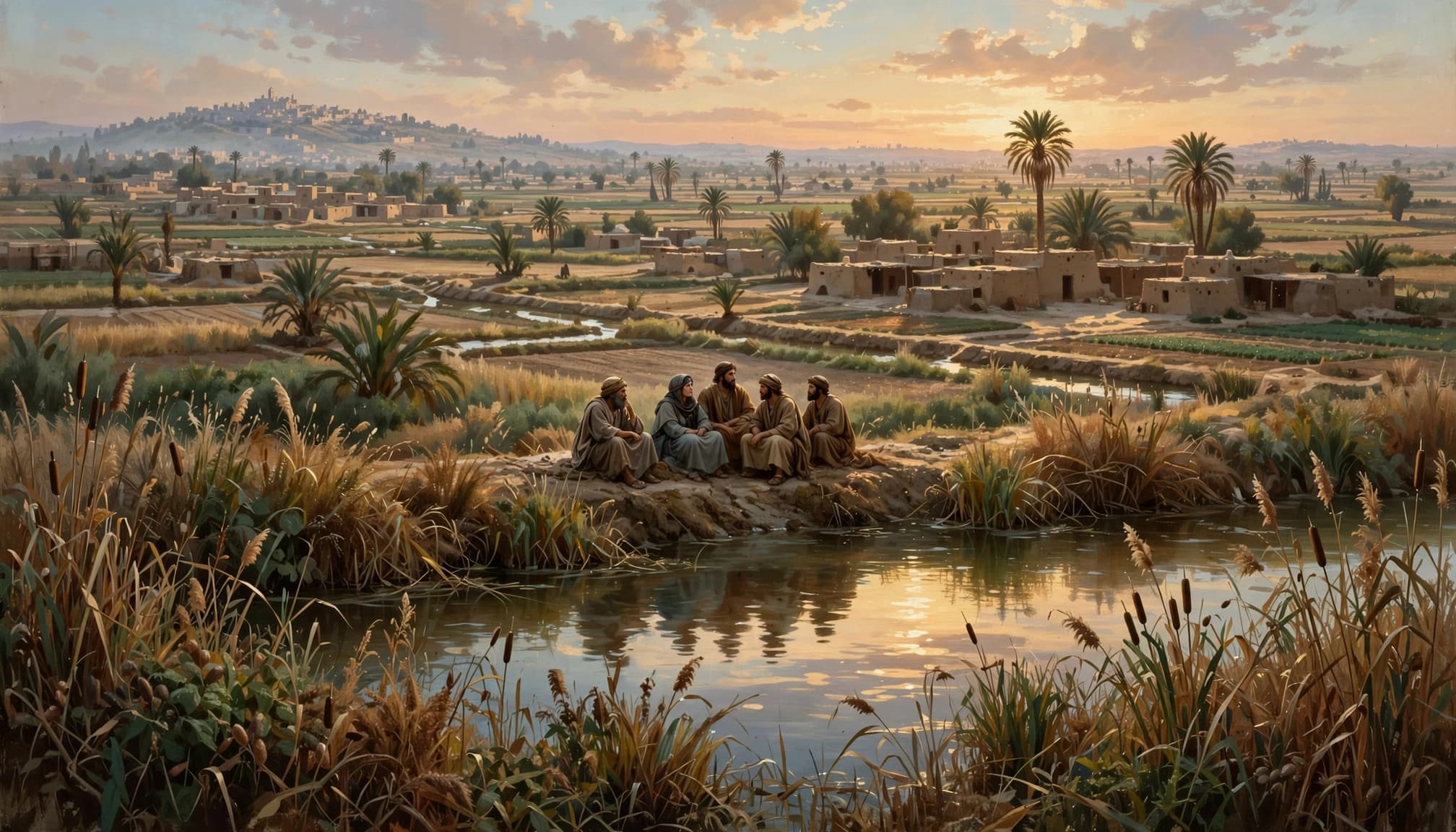 Five people sitting by a canal at sunset in an ancient Mesopotamian landscape with mudbrick homes and date palms.