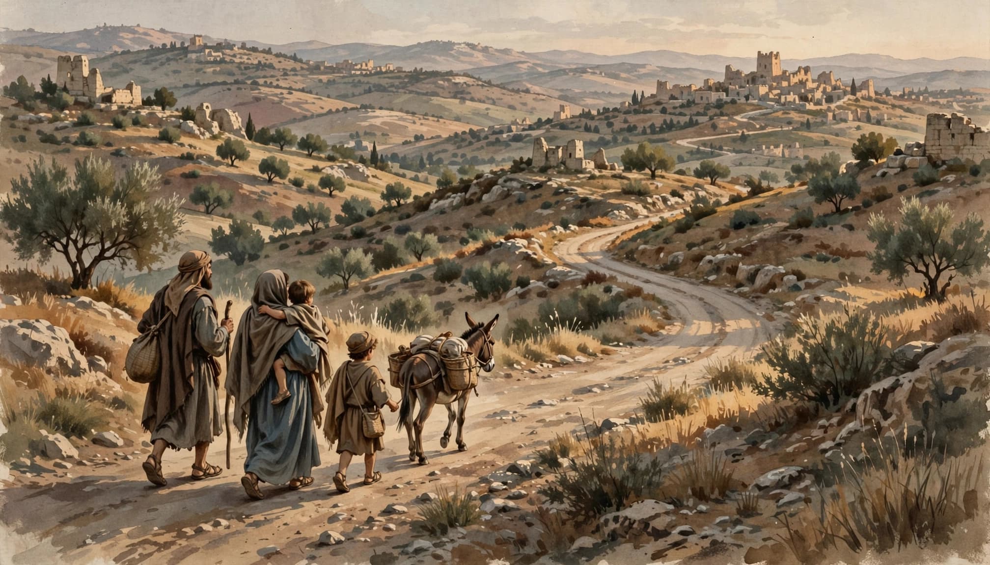 A family and a donkey walk along a winding dirt road toward a ruined city in a hilly landscape.