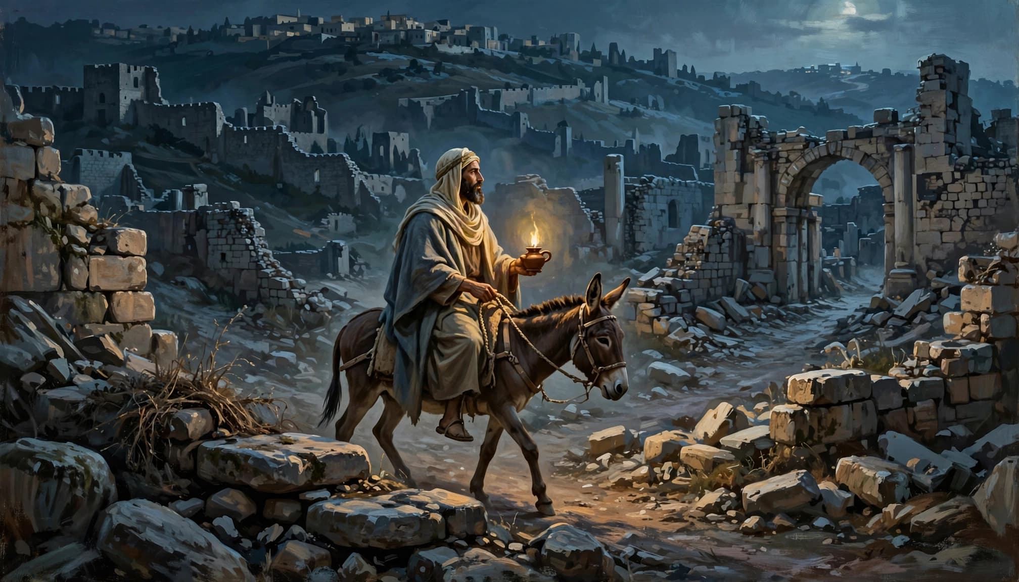 A man riding a donkey holding a small oil lamp amid ancient ruined walls at night.