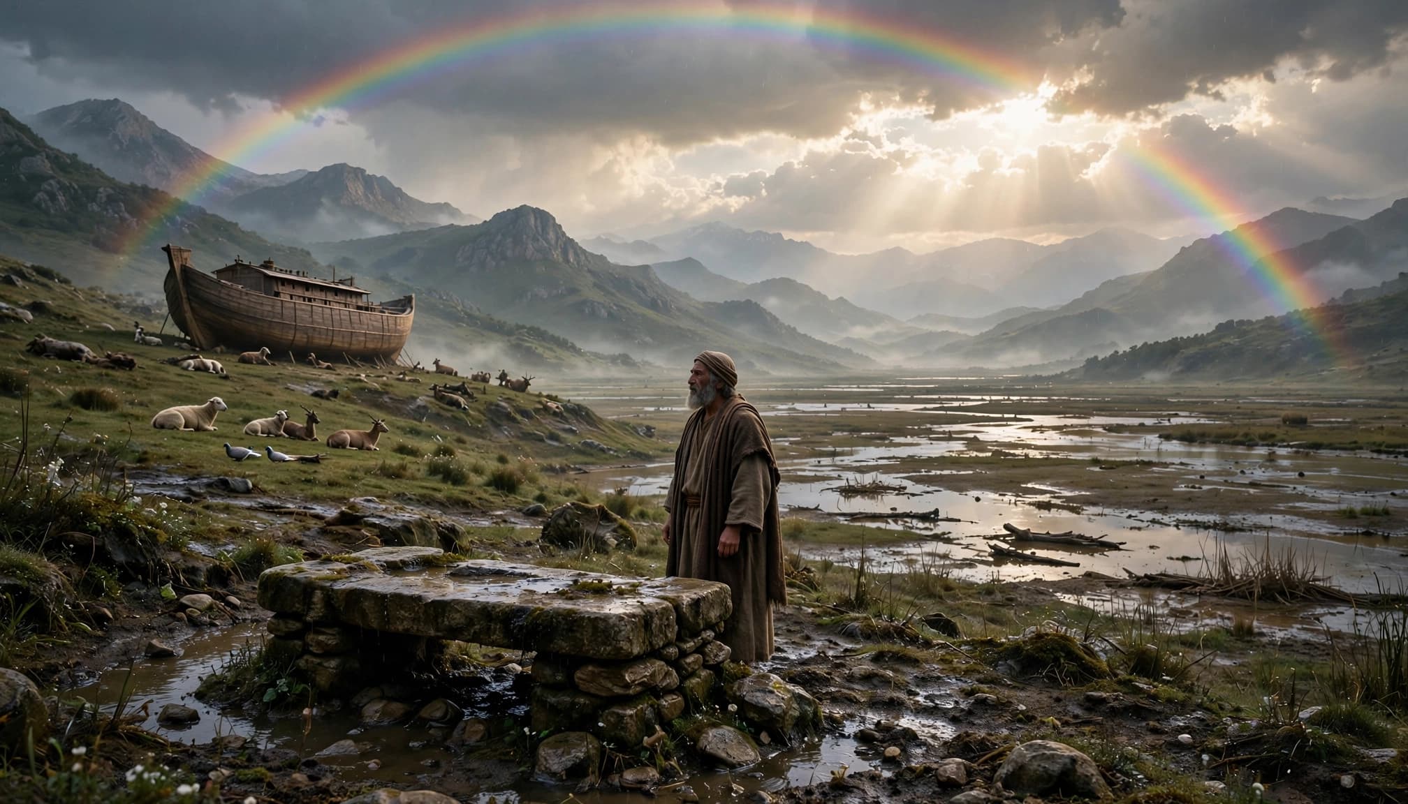 Noah stands by a stone altar as a rainbow arcs over a flooded landscape with the ark.
