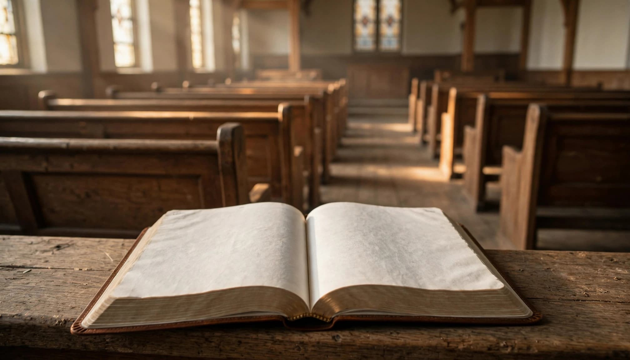 An open, blank book resting on a wooden pew inside an empty church.