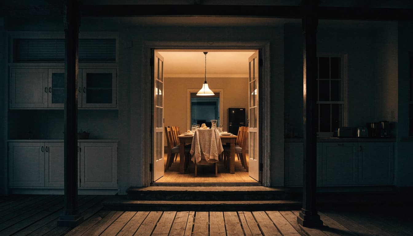 A warm, brightly lit dining room viewed from a dark porch through an open doorway.