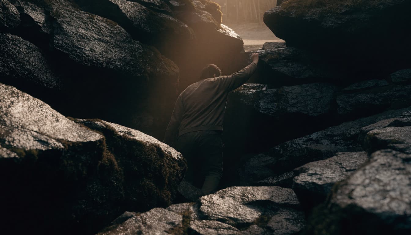 A person climbs up through a dark rocky ravine toward warm light.