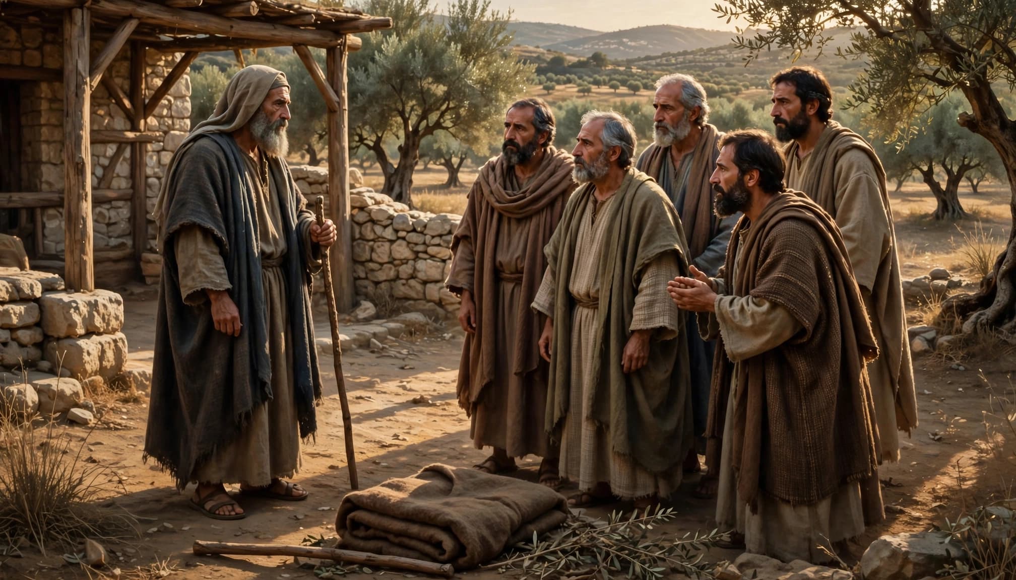 A bearded prophet stands with a staff talking to a group of five men in simple robes outdoors.