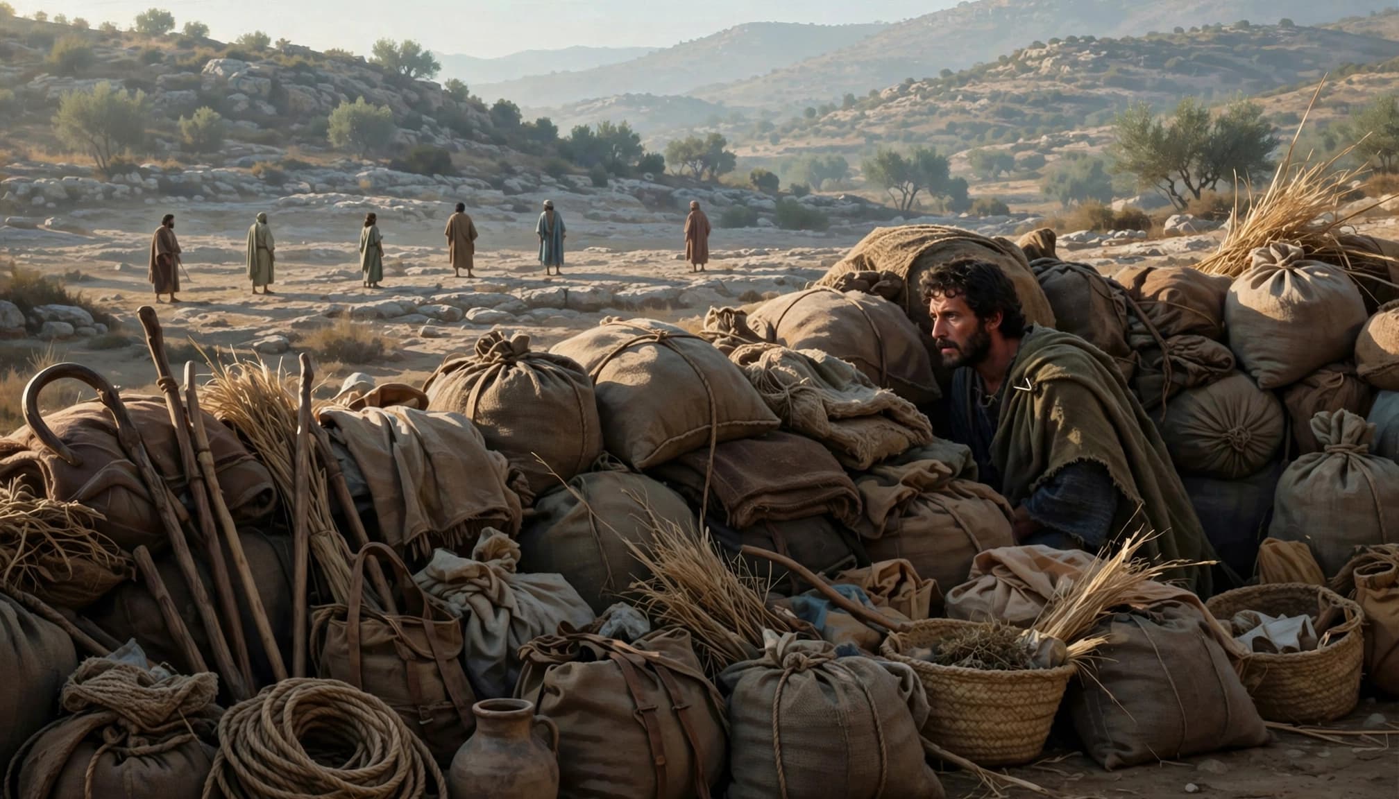A bearded man hides behind a large pile of travel bags and supplies while several people stand in the distance.