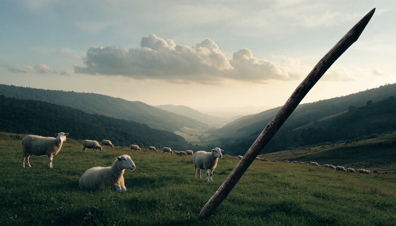 A wooden staff rests upright on a green hillside with sheep grazing in a valley.