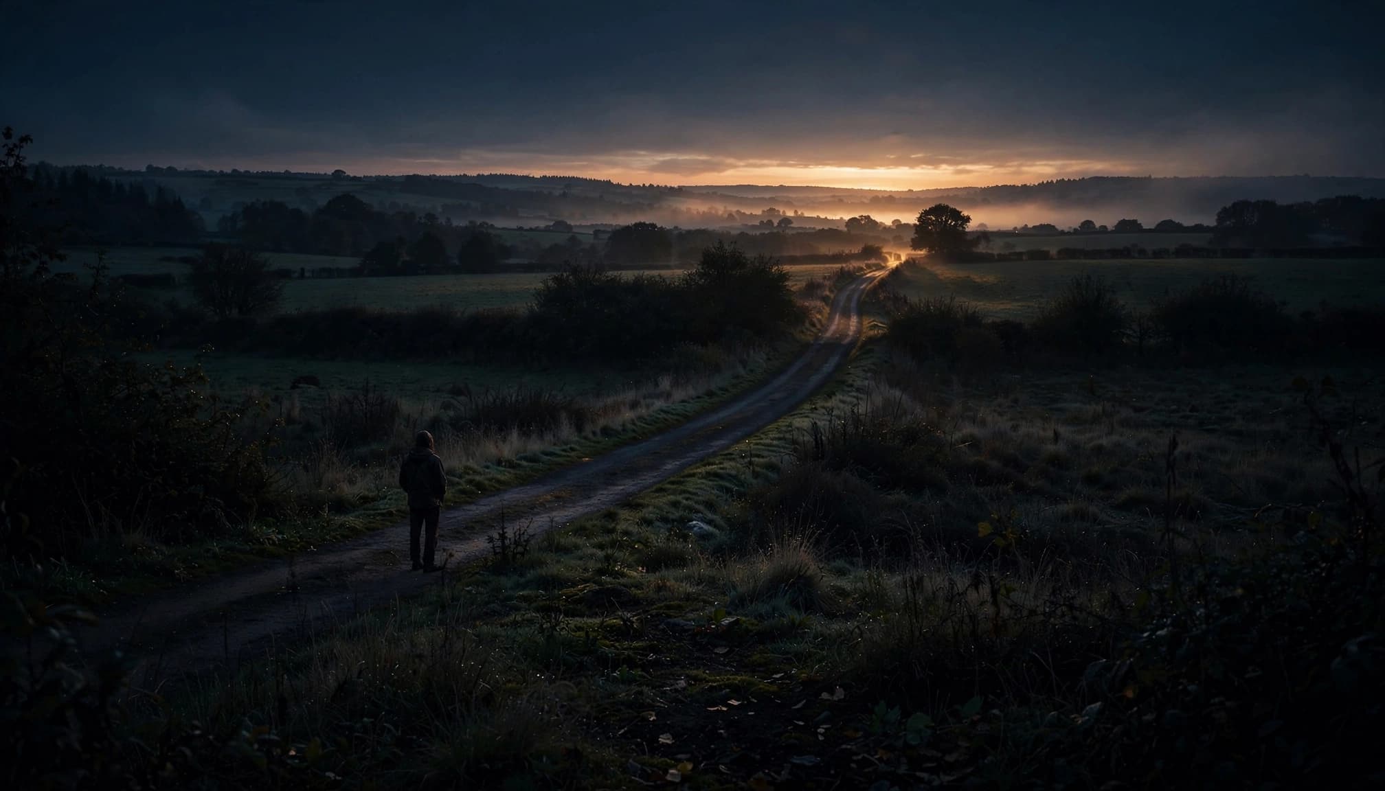 A solitary figure stands on a dim rural road at dawn, facing a distant warm light on the horizon.