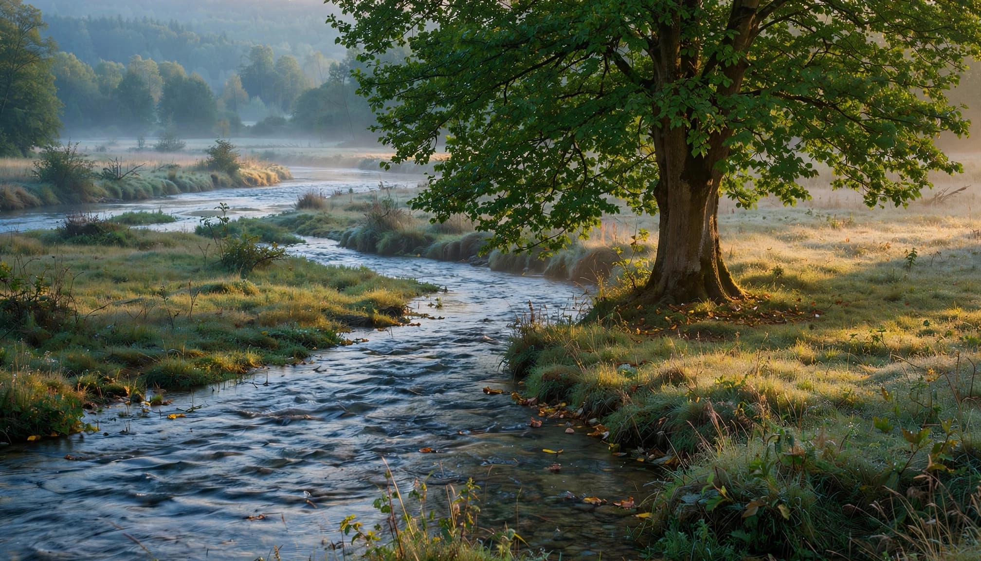 A mature tree stands beside a clear river flowing through a misty morning landscape.