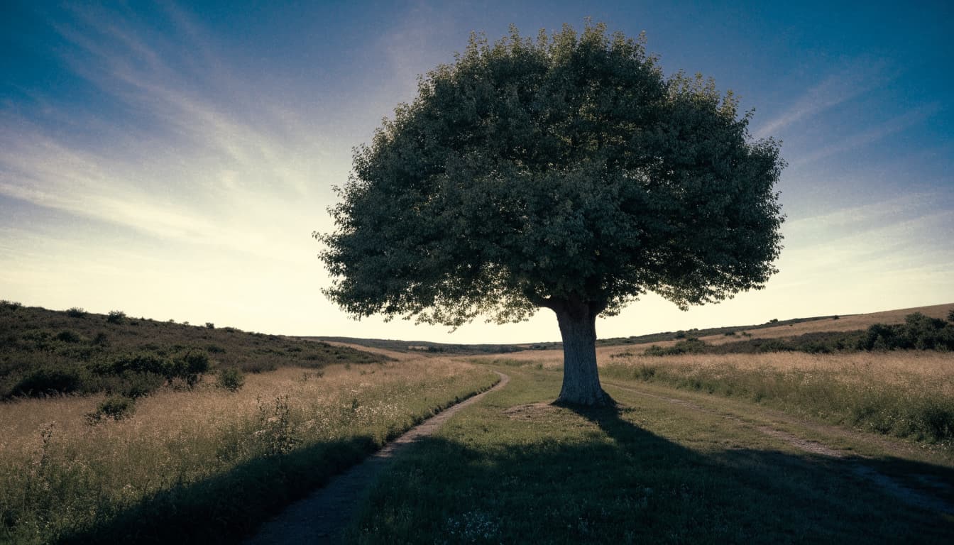 A solitary mature tree stands beside a country path in an open landscape during late afternoon.