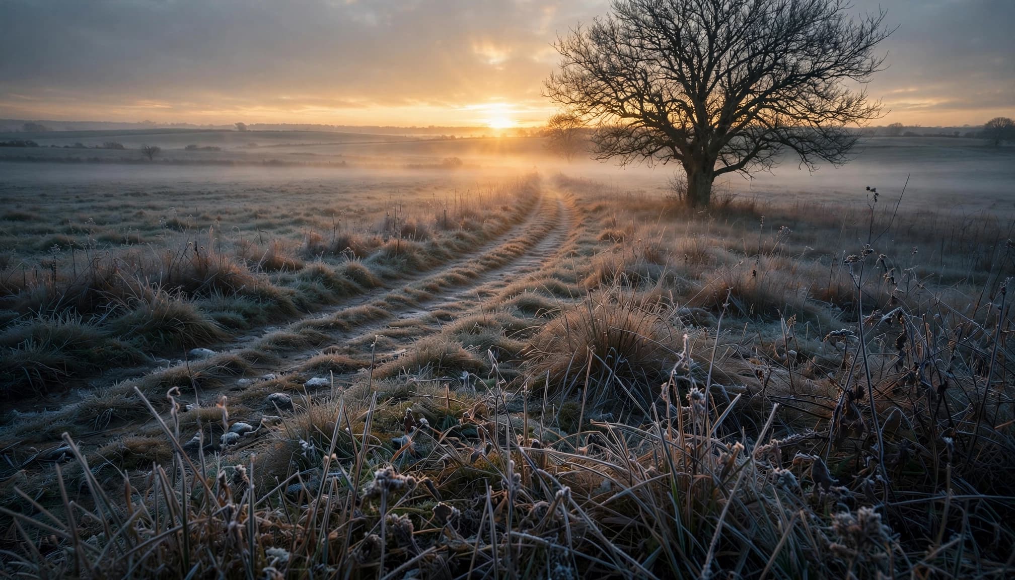 A frosty dirt path winds through a winter field toward a sunrise, with a bare tree under a misty morning sky.